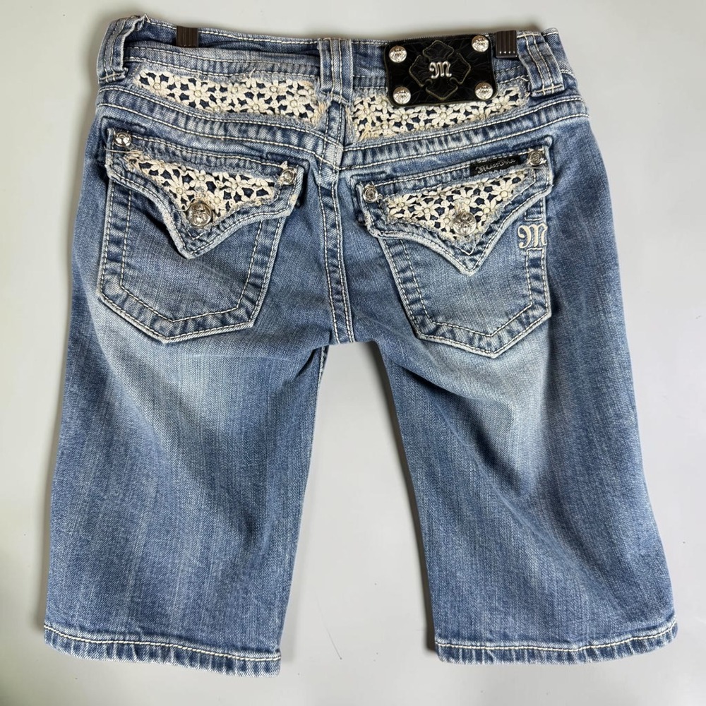 Miss Me JP6158M Bermuda Denim Shorts Lace Pearl Embellished Medium Wash 26
